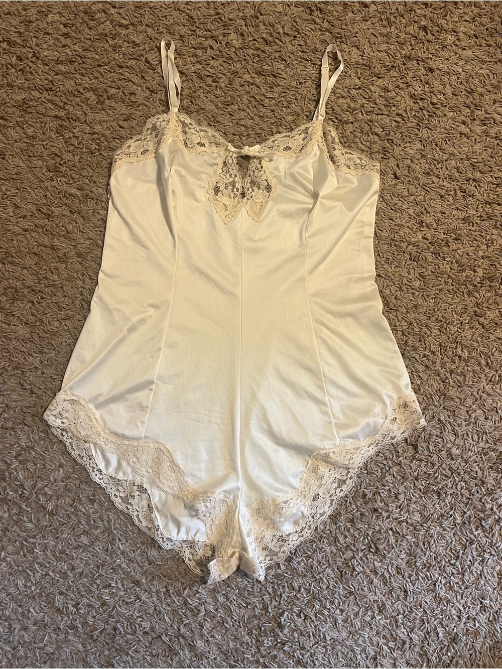Women's Vintage Cream Lace Trim Satin Bodysuit